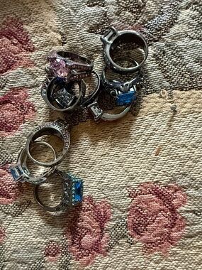 Mixed Silver-Tone Rings with Blue and Pink Gemstones